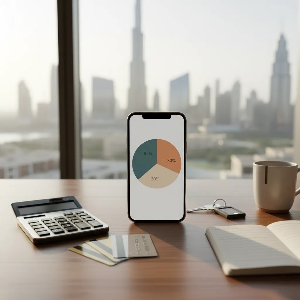50 30 20 budget rule visual for UAE monthly budgeting and money management