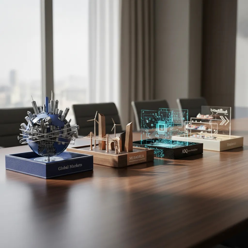 UAE sovereign wealth funds comparison image representing Abu Dhabi Investment Authority Mubadala Investment Company ADQ Abu Dhabi and Emirates Investment Authority