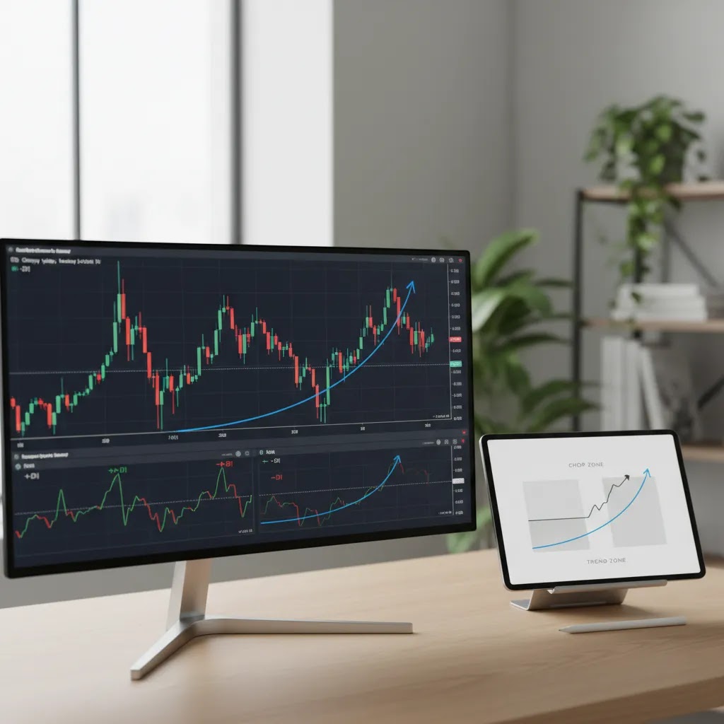 ADX strategy example showing ADX below 20 in a range and ADX above 25 during stronger trend conditions