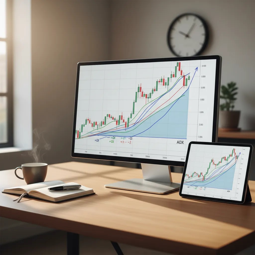 ADX indicator on trading charts measuring trend strength with plus DI and minus DI in a professional trading workspace
