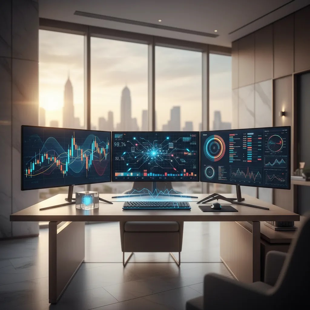 AI trading workstation with automated trading charts and algorithm tools in a professional UAE office