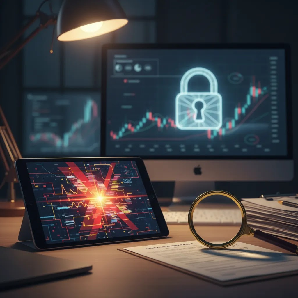 AI trading scam warning concept with regulation checks and automated trading risk review in the UAE