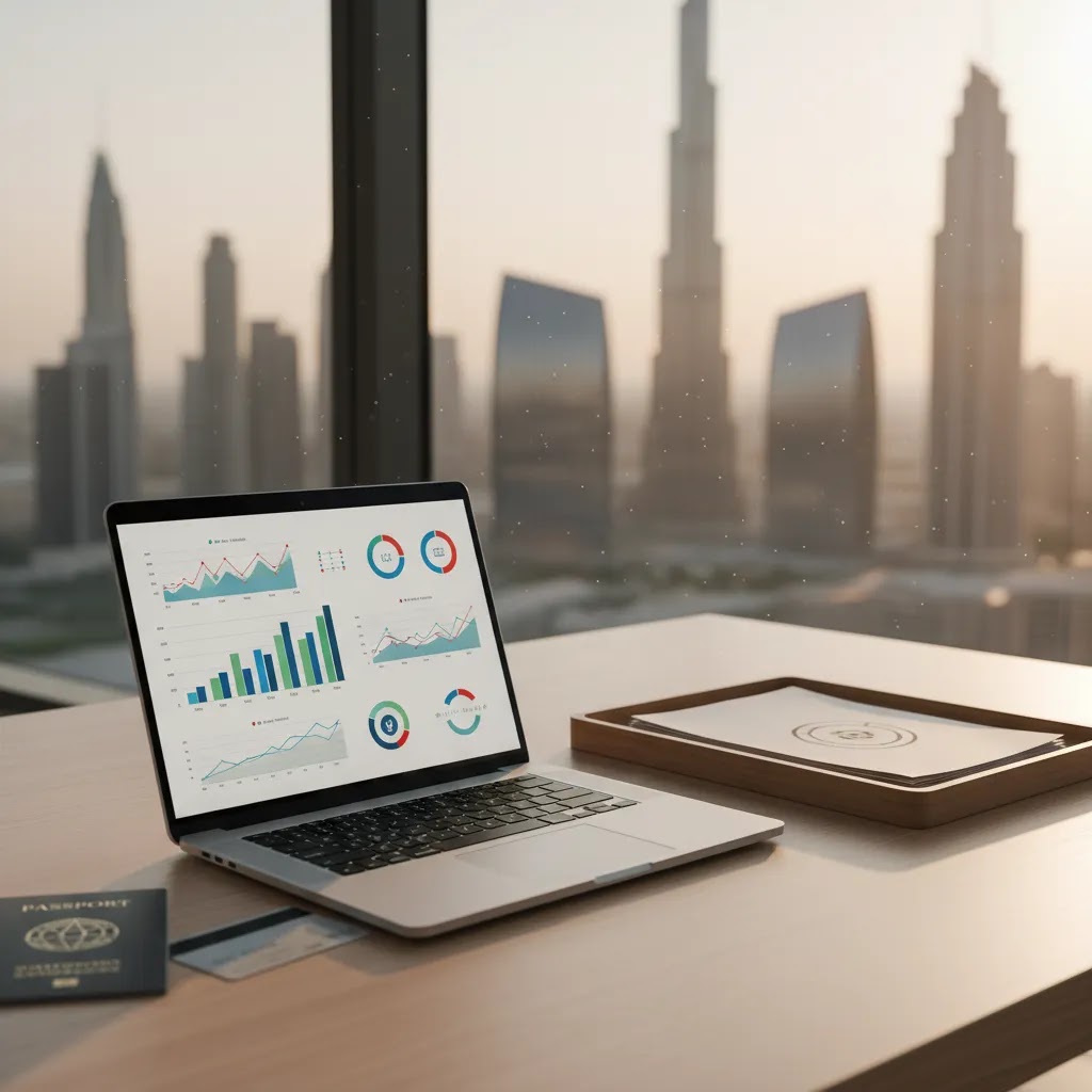 aml uae regulations overview with compliance desk and Dubai financial district backdrop