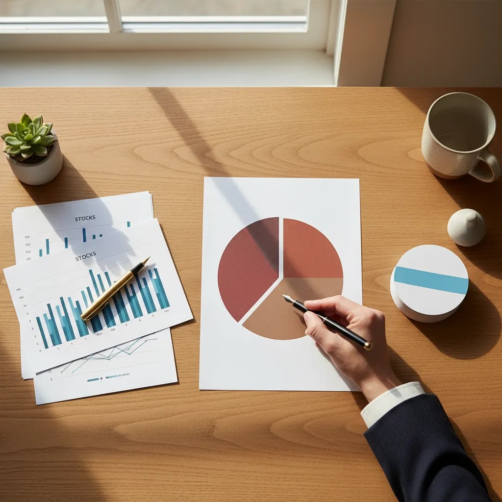 Asset allocation strategy visual showing portfolio allocation across stocks bonds and cash