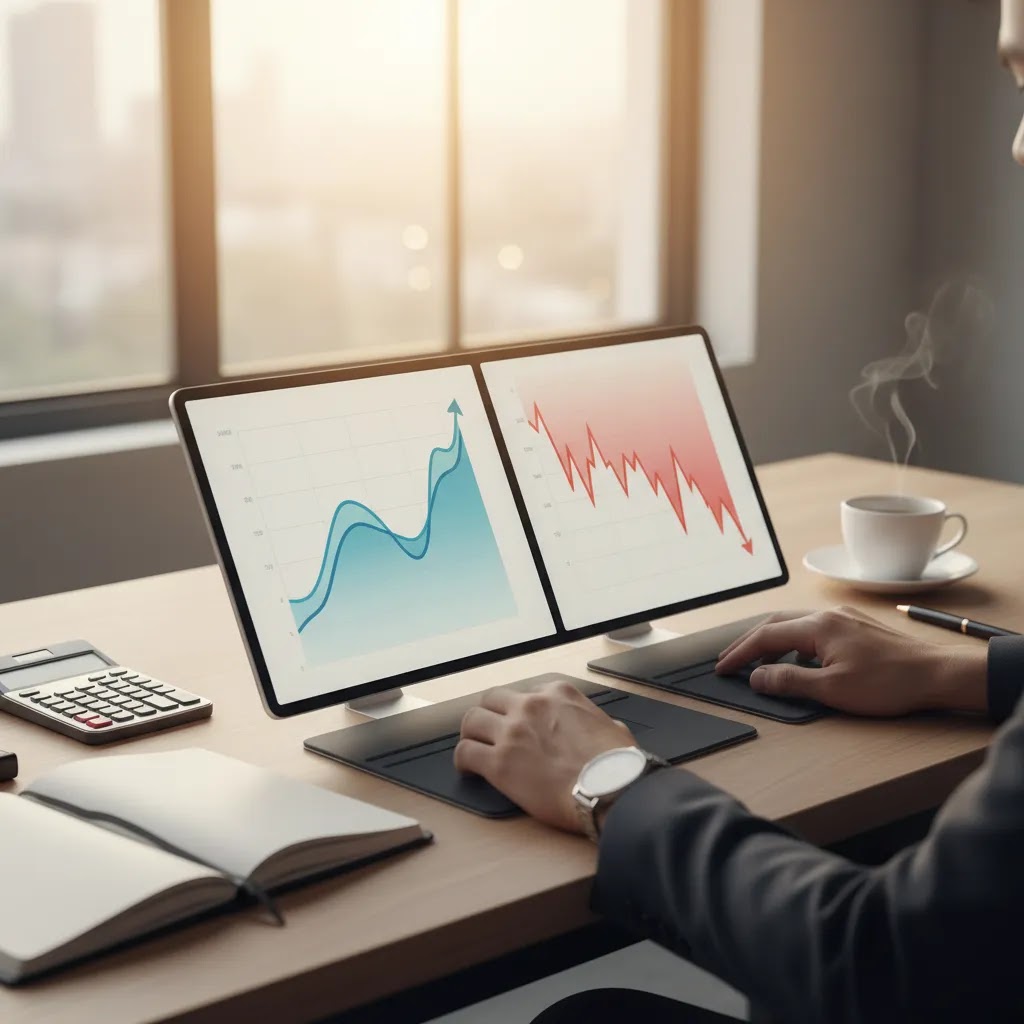 Asset correlation example showing positive and negative correlation between market charts