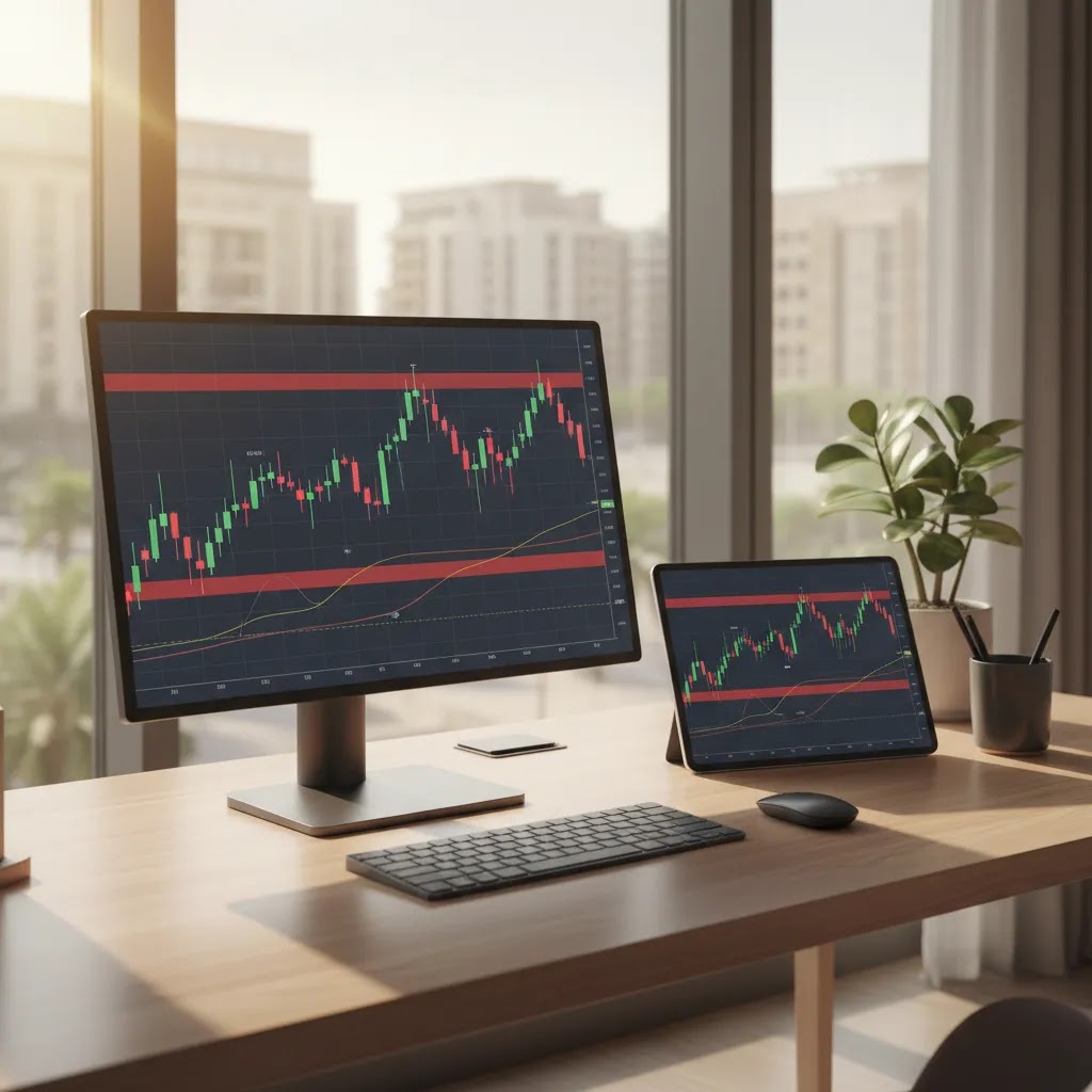 ATR indicator visual showing market volatility and stop loss planning on a trading desk