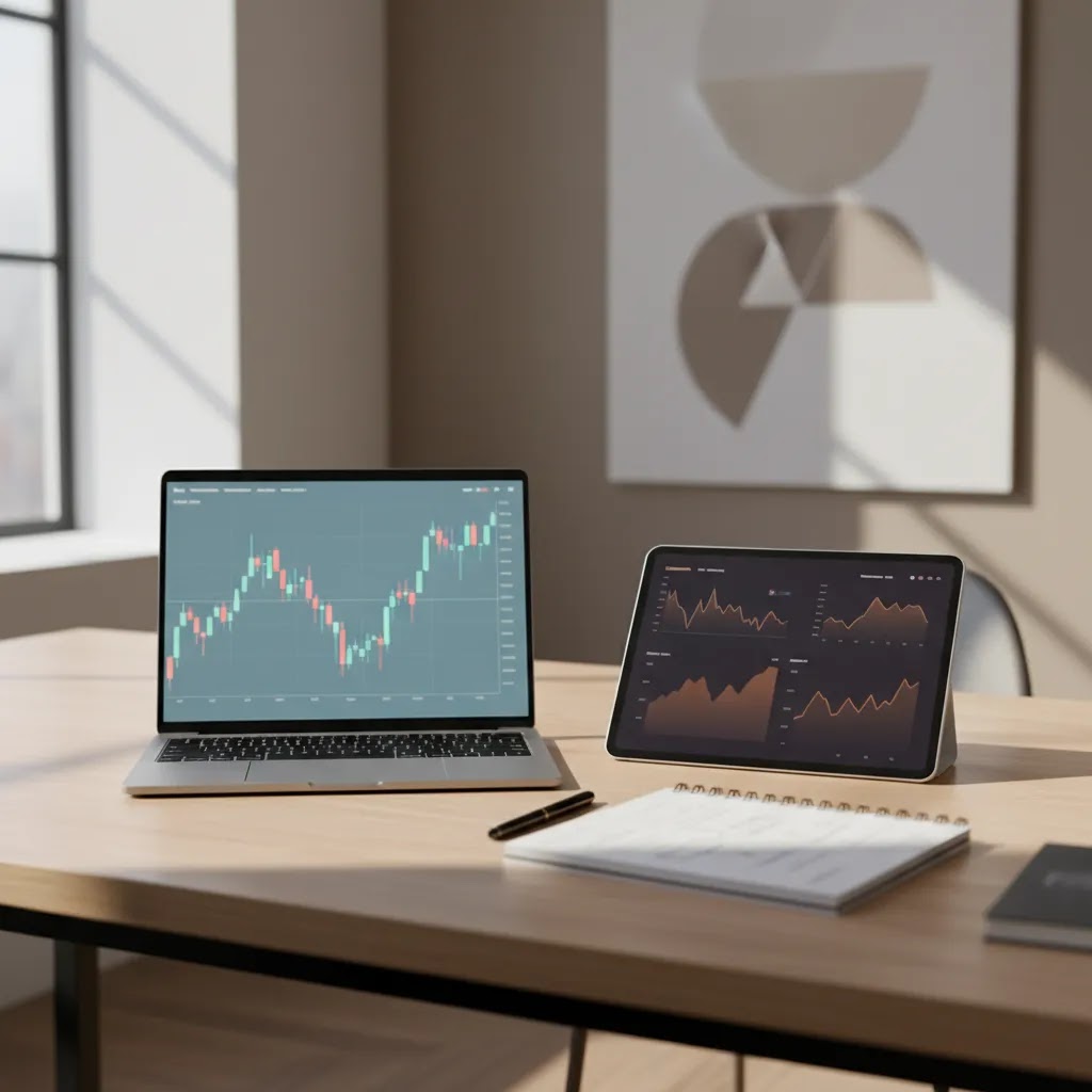 Backtesting trading strategy setup with historical charts and performance analysis on a professional desk