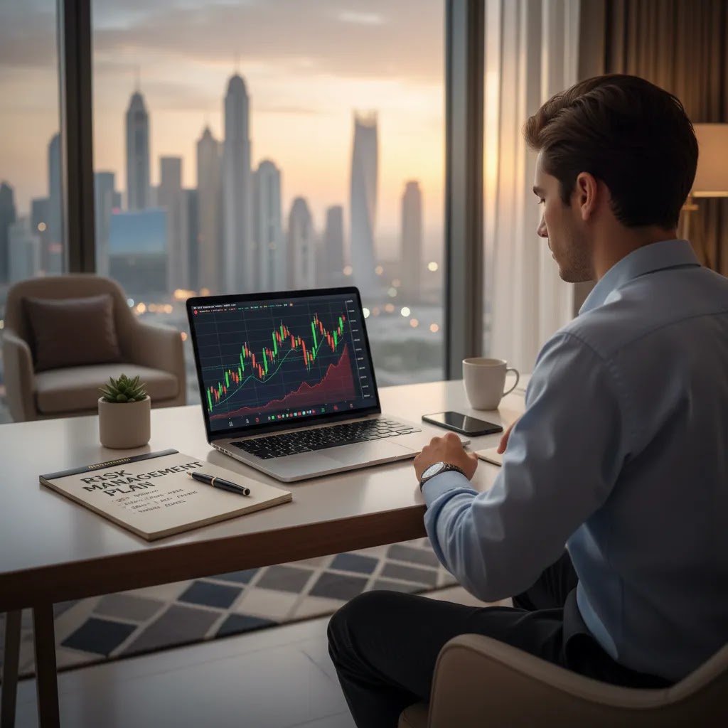 Beginner trading mistakes illustrated with a new trader reviewing charts and a risk plan at a clean desk