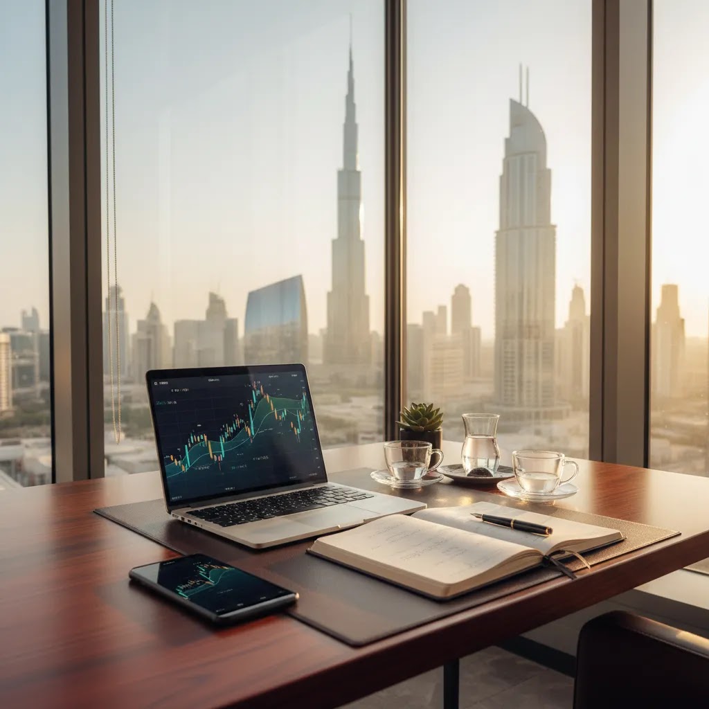 Benefits of forex trading illustrated with professional trading desk and market charts in a modern UAE office