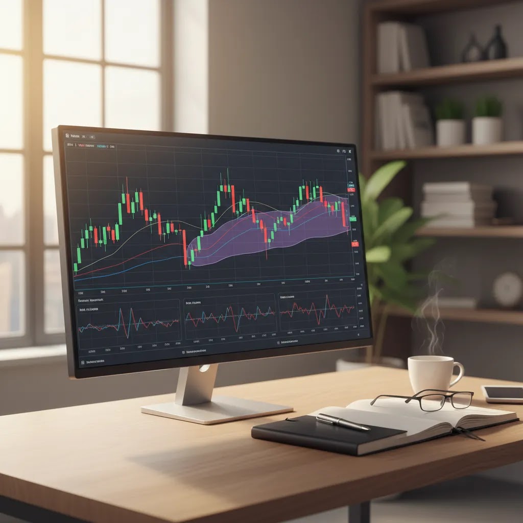 Best forex indicators for beginners shown on a clean trading desk with chart overlays and technical analysis tools