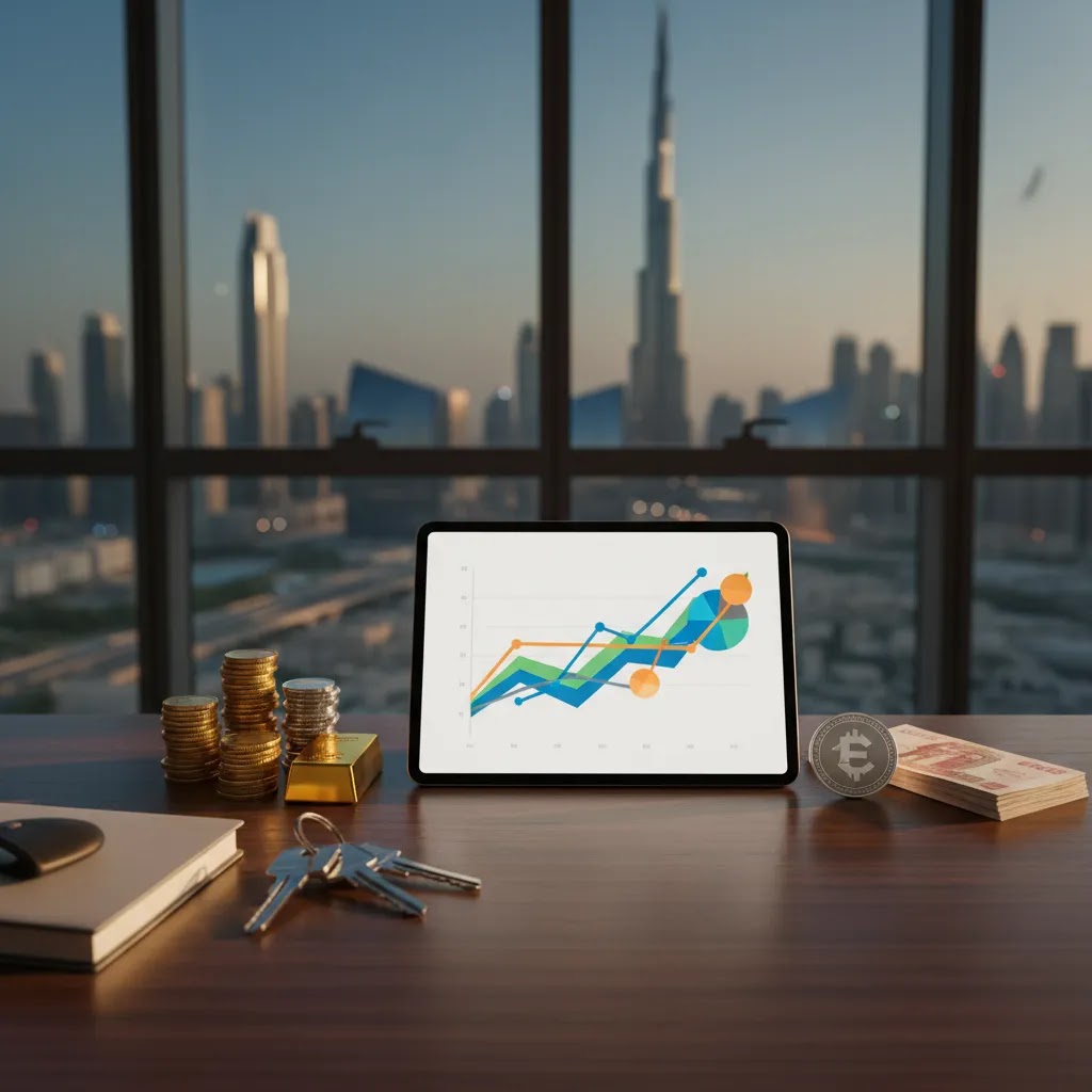 Best investment in UAE roundup showing stocks ETFs real estate savings gold and crypto in a premium Dubai financial setting