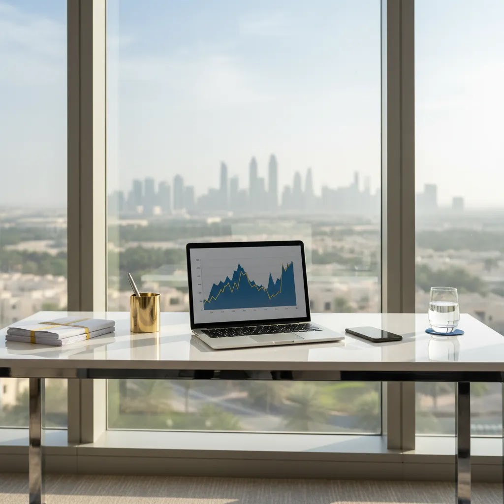 Bitcoin ETF guide for UAE investors with a professional Dubai workspace and market analysis setup