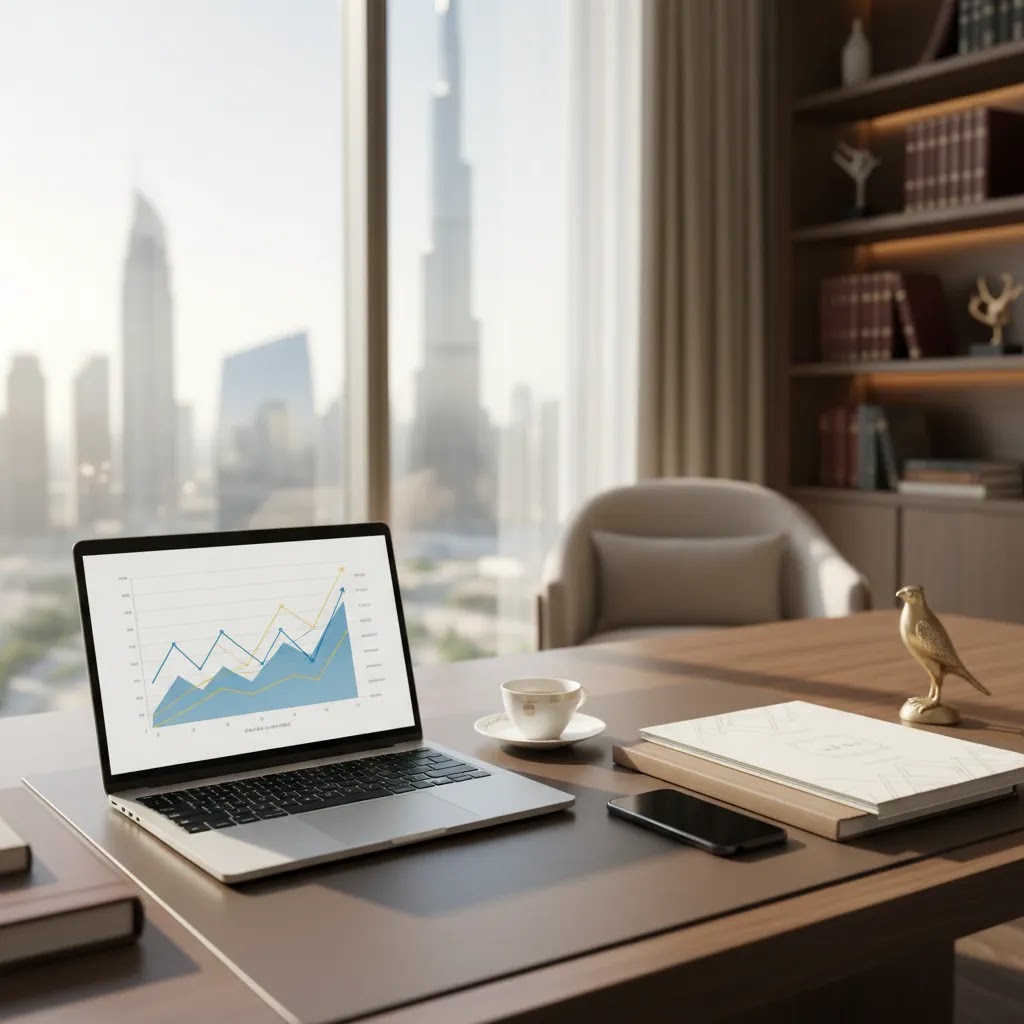 Blue chip stocks guide for UAE investors shown with a professional long-term investing workspace