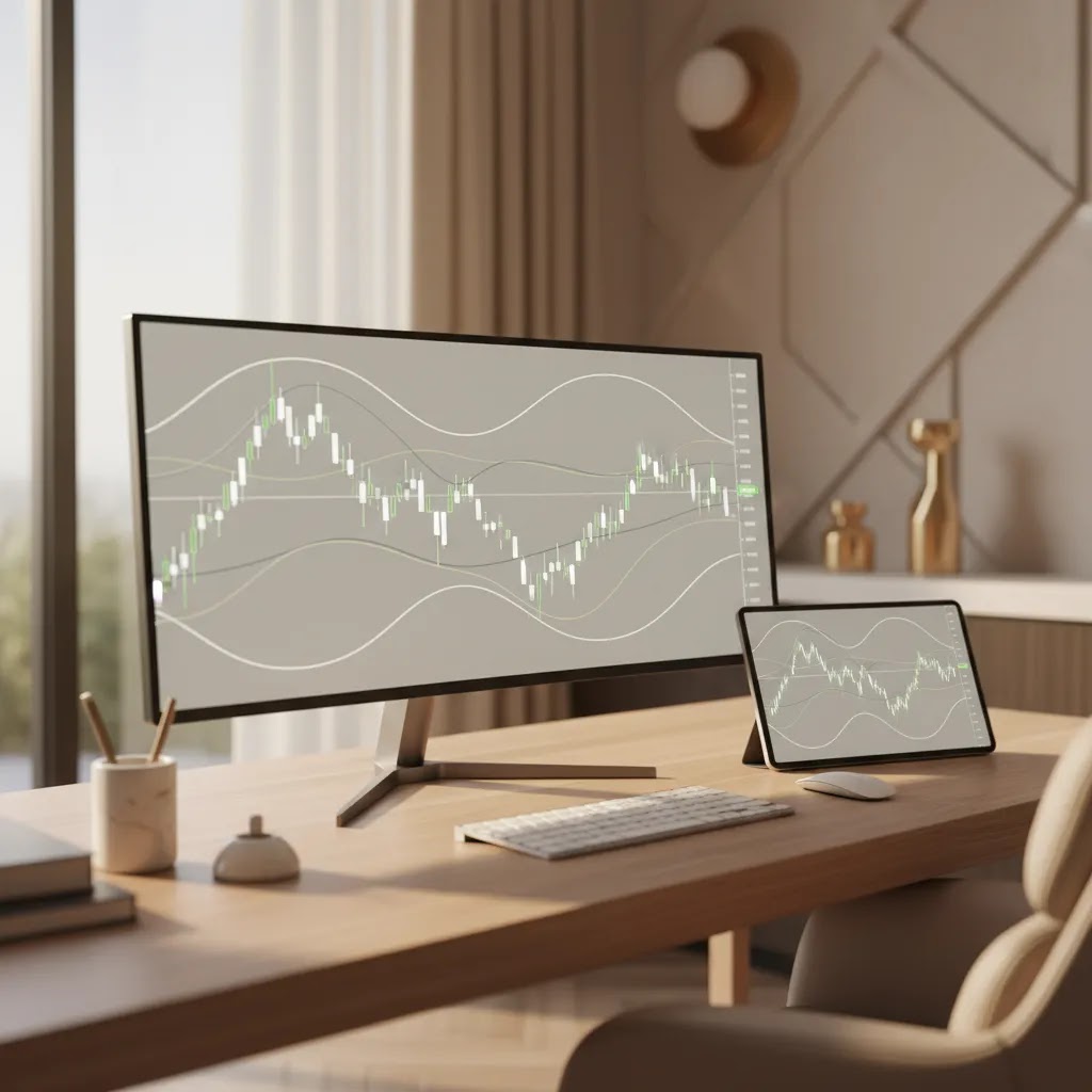 Bollinger bands trading chart on a modern desktop setup showing volatility bands and market analysis