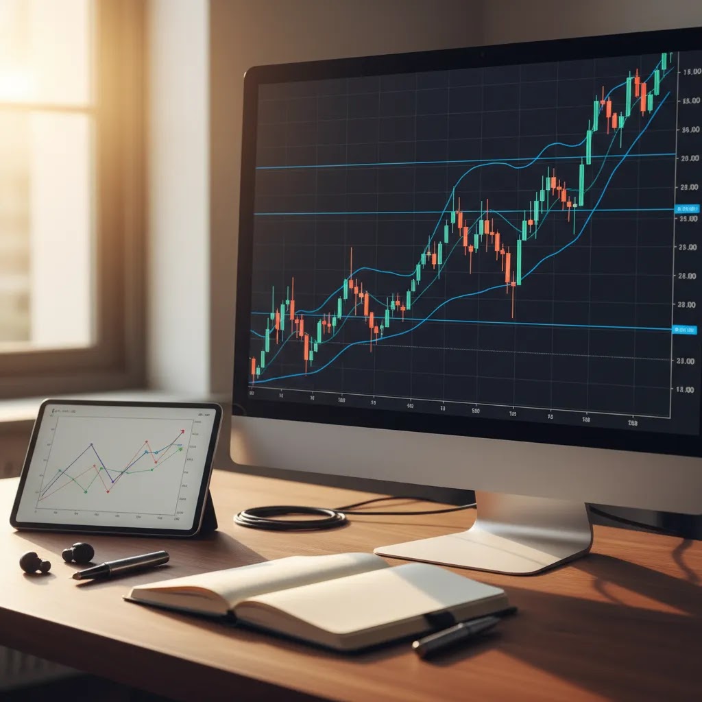 Bollinger bands settings and signals displayed on trading screens in a professional analysis workspace