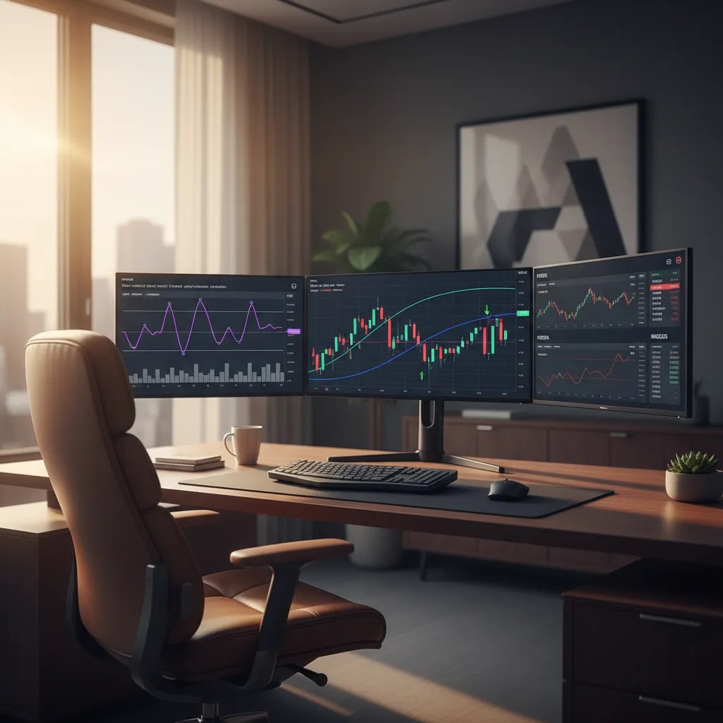 Bollinger bands strategy with RSI confirmation on a professional multi-screen trading platform setup