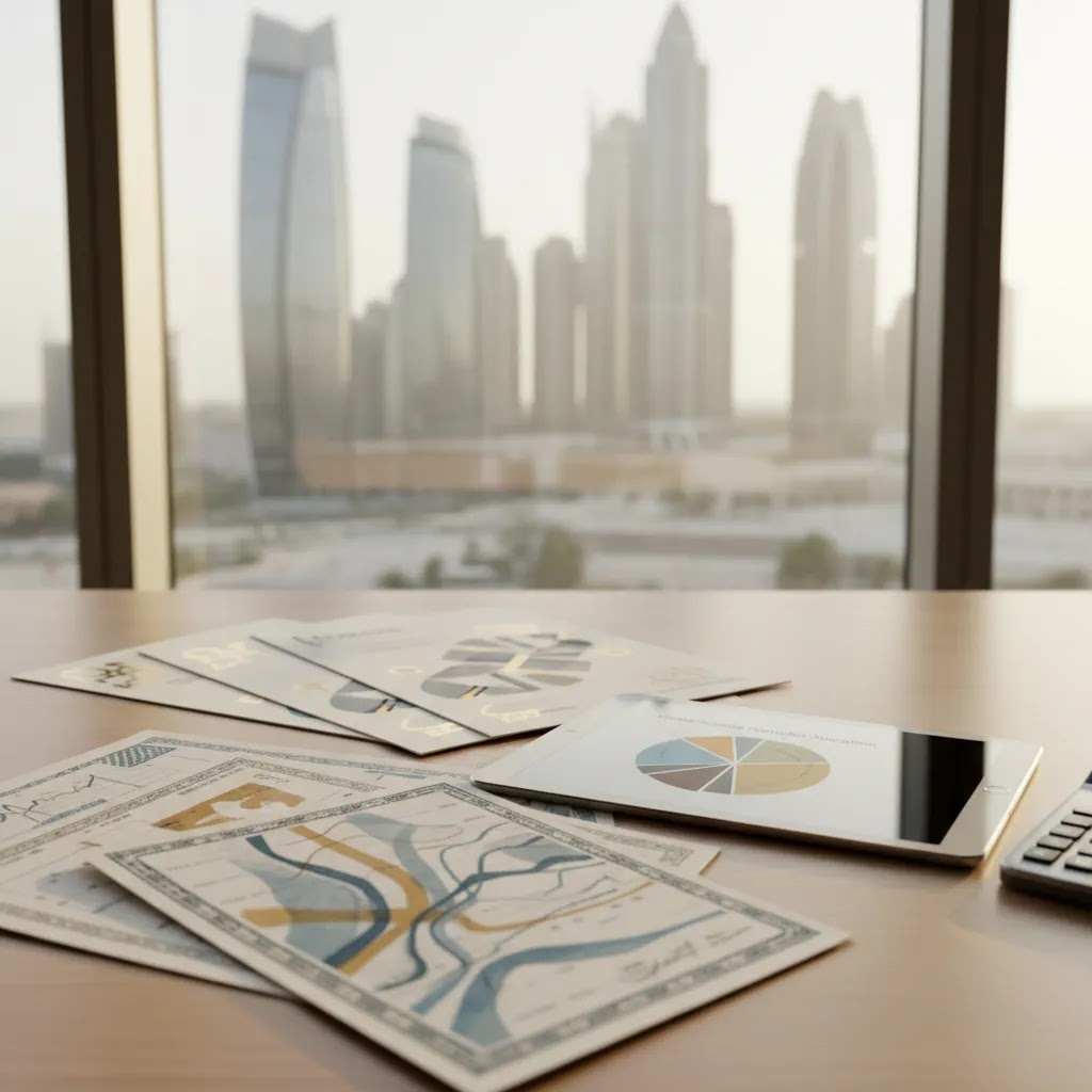 Bonds investing guide in the UAE with fixed income documents, charts, and sukuk-themed financial planning setup