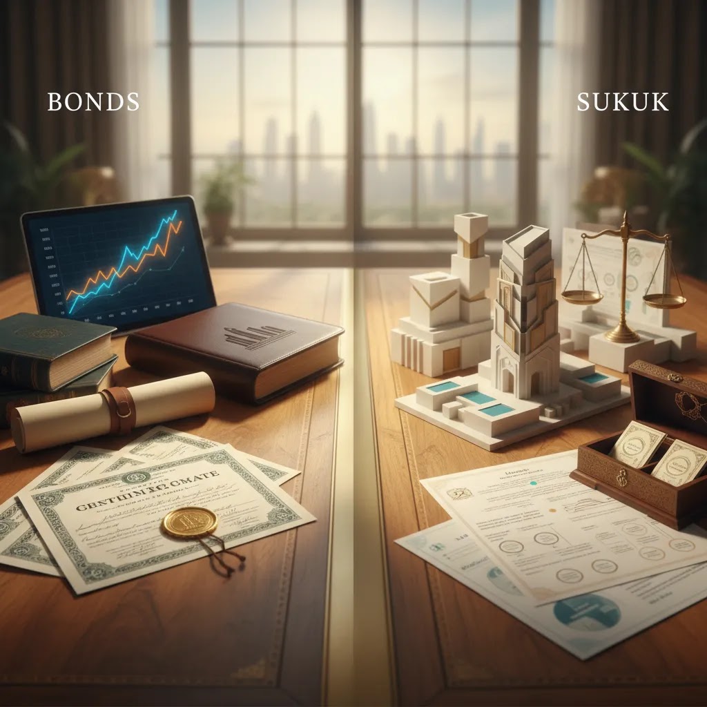 Bonds investing comparison showing conventional bonds and sukuk investment options for UAE investors