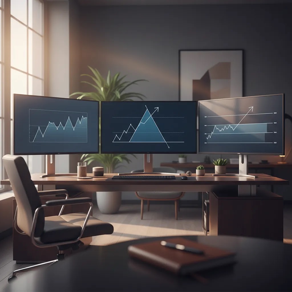 Breakout patterns including triangle breakout and range breakout on a professional trading setup