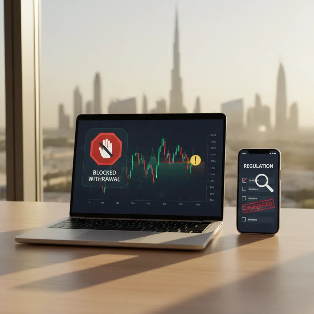 broker scam warning signs on a trading platform desk setup for UAE investors