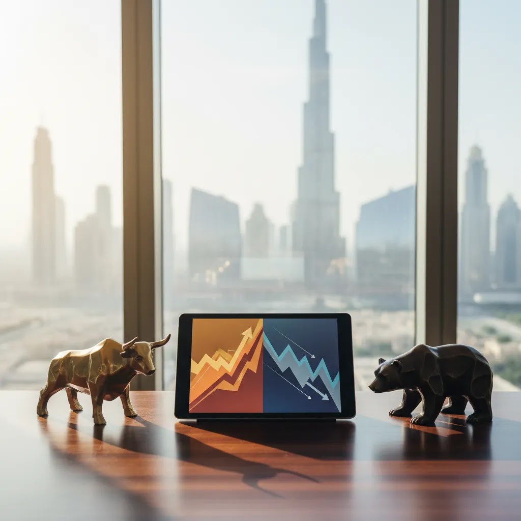 Bull market vs bear market comparison with investment charts and UAE city backdrop