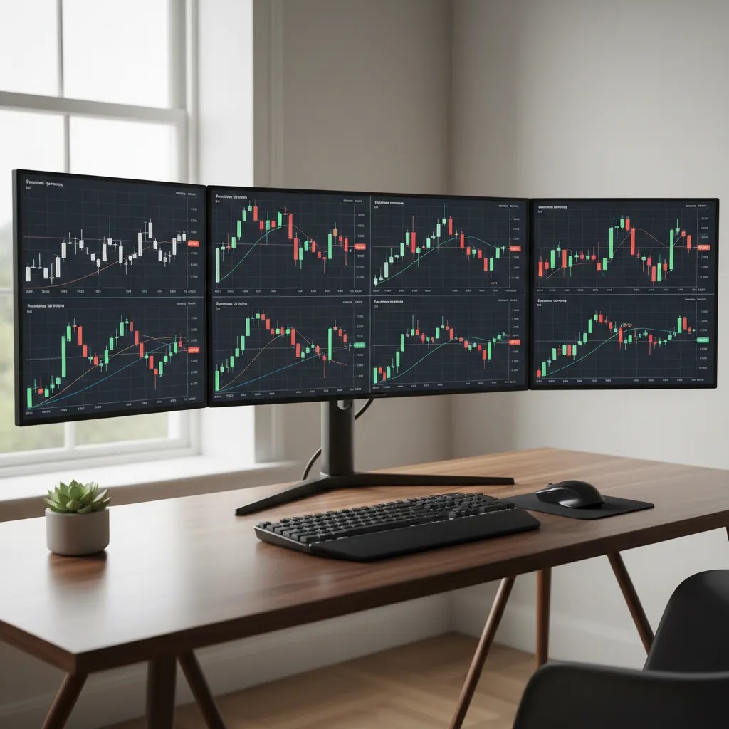 Bullish and bearish candlestick patterns shown across trading charts in a premium financial analysis setup