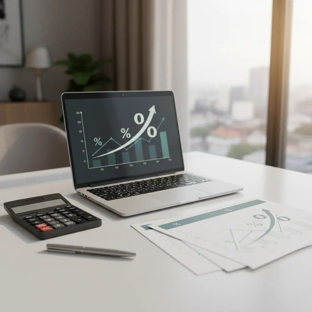 CAGR concept showing investment growth chart, calculator, and financial analysis workspace
