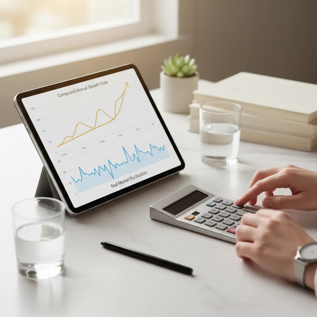 CAGR meaning visual with calculator and investment charts showing compound annual growth rate