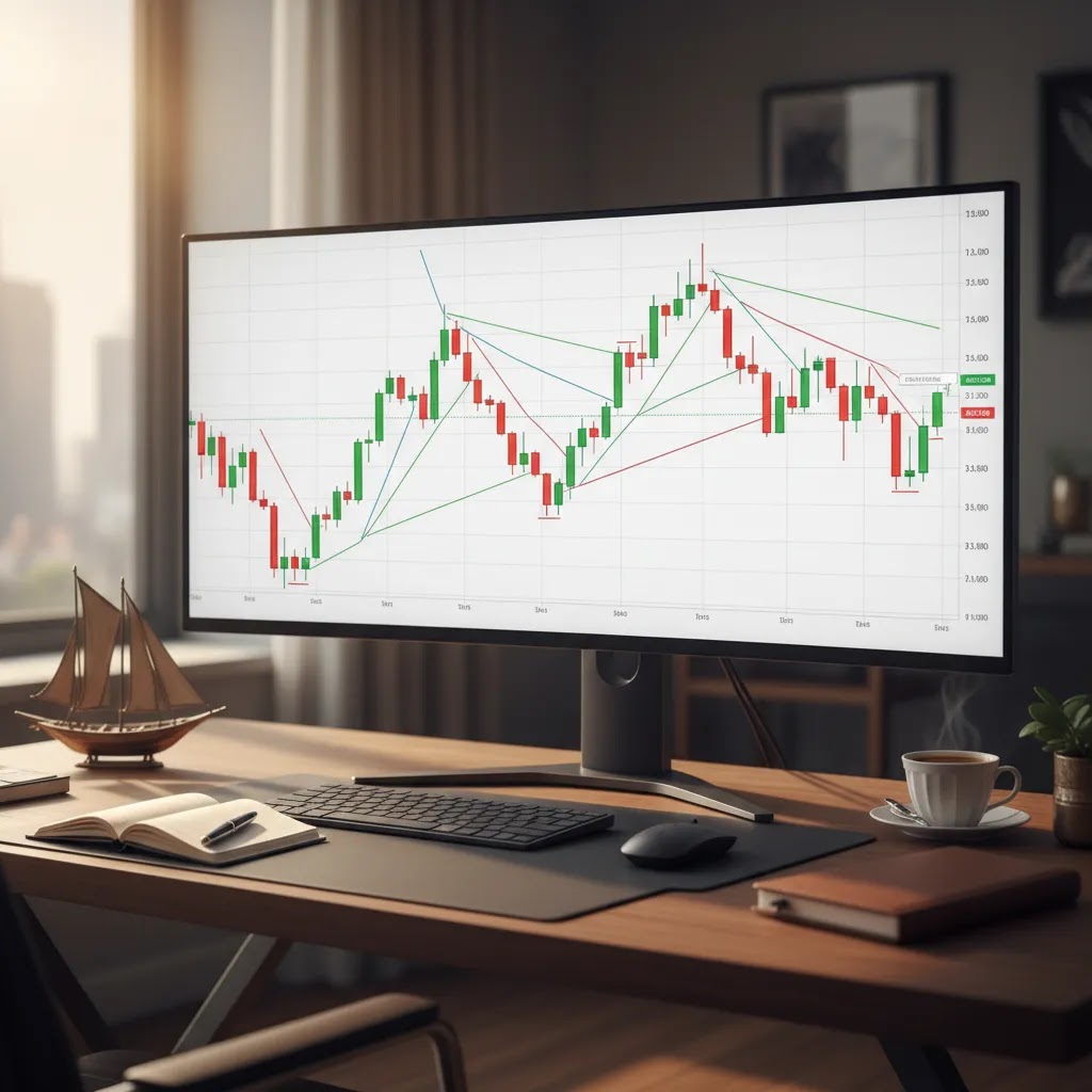 Candlestick cheat sheet hero image showing trading screen with multiple candlestick patterns in a professional workspace