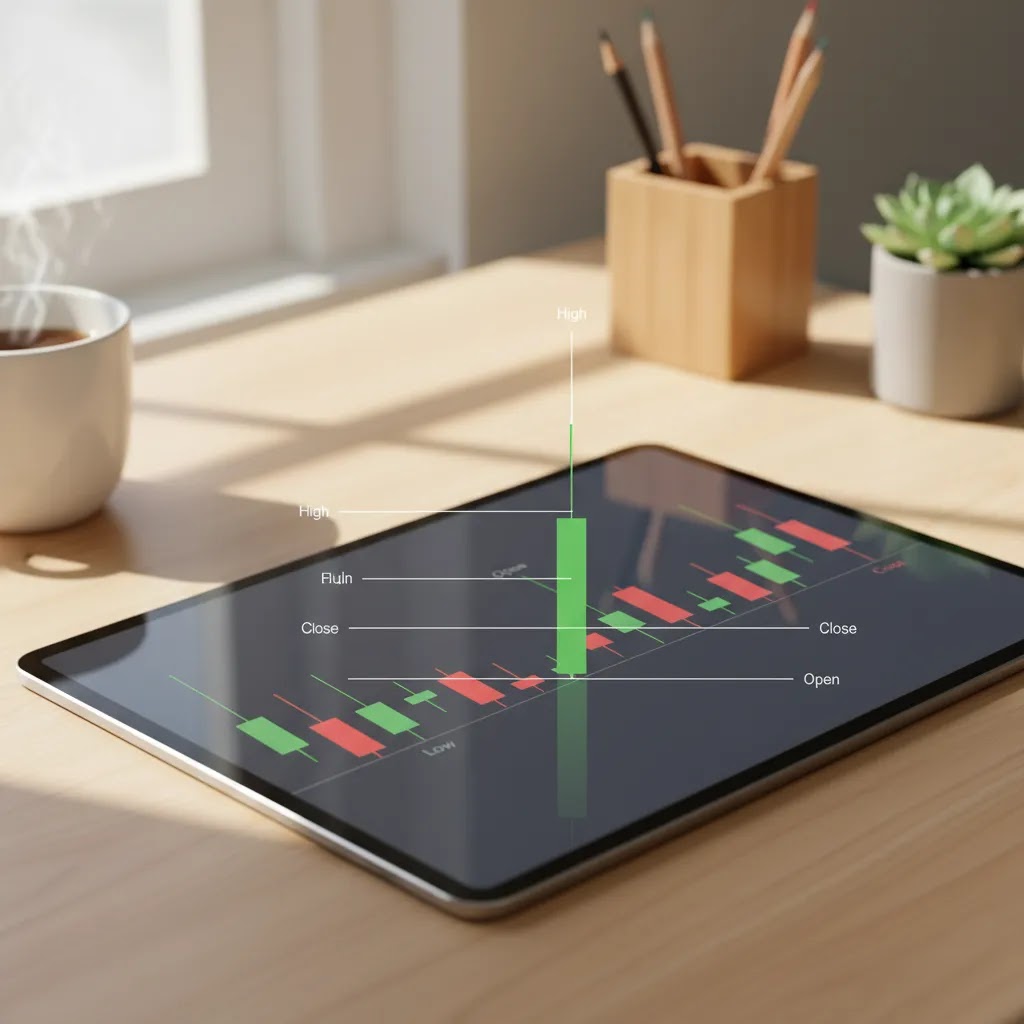 Candlestick patterns cheat sheet illustration showing bullish and bearish candle structure on a clean trading chart