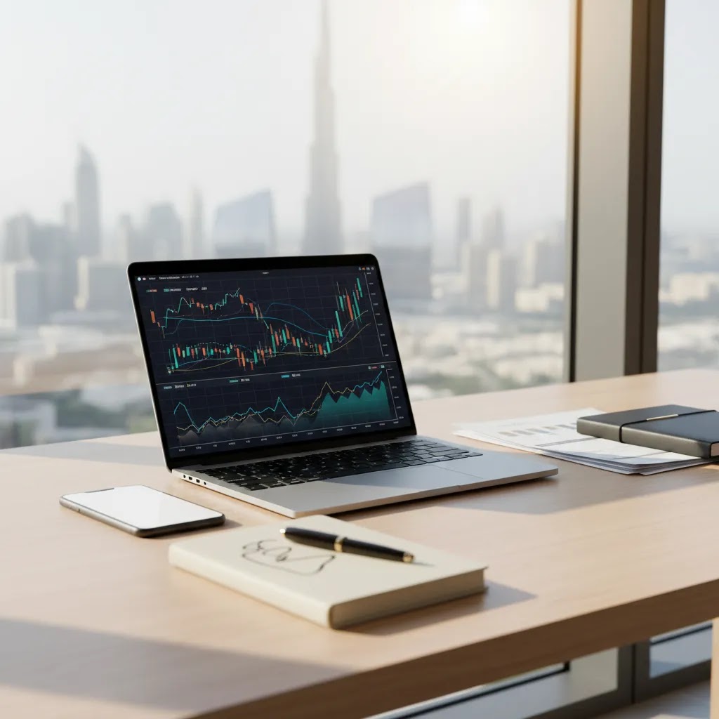 CFD trading explained with trading desk setup and UAE financial market context