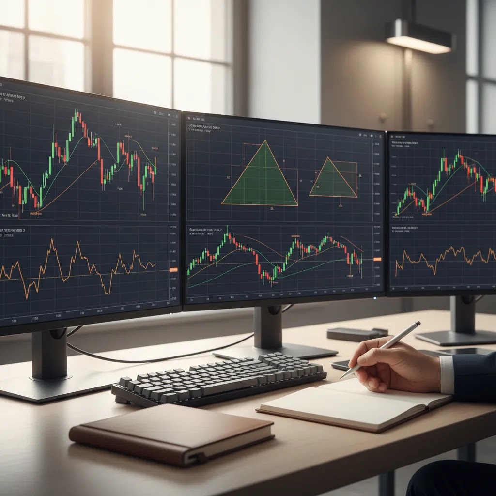 Chart patterns trading setup with candlestick charts and technical analysis screens