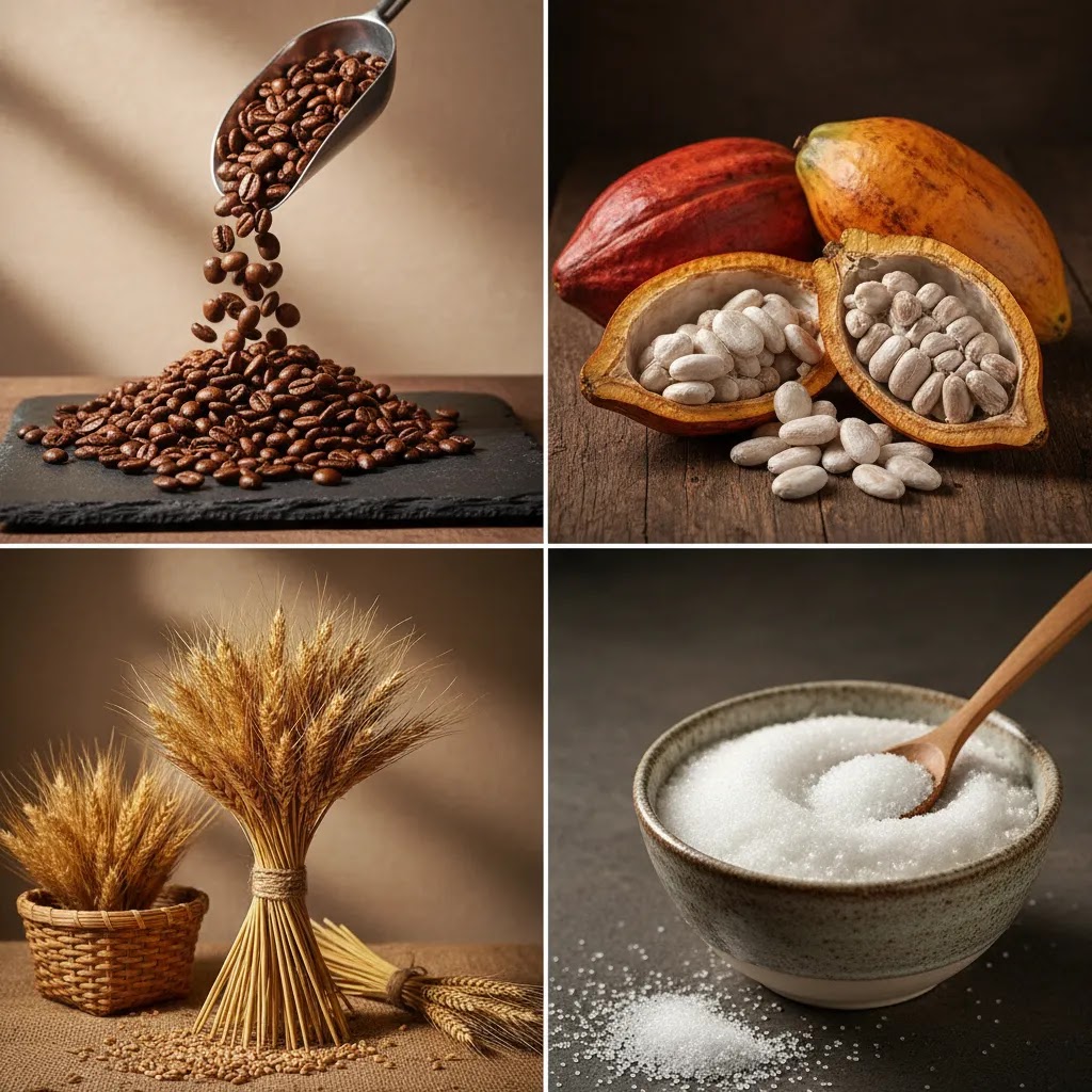 Coffee futures cocoa futures wheat futures and sugar futures represented in a premium soft commodities image