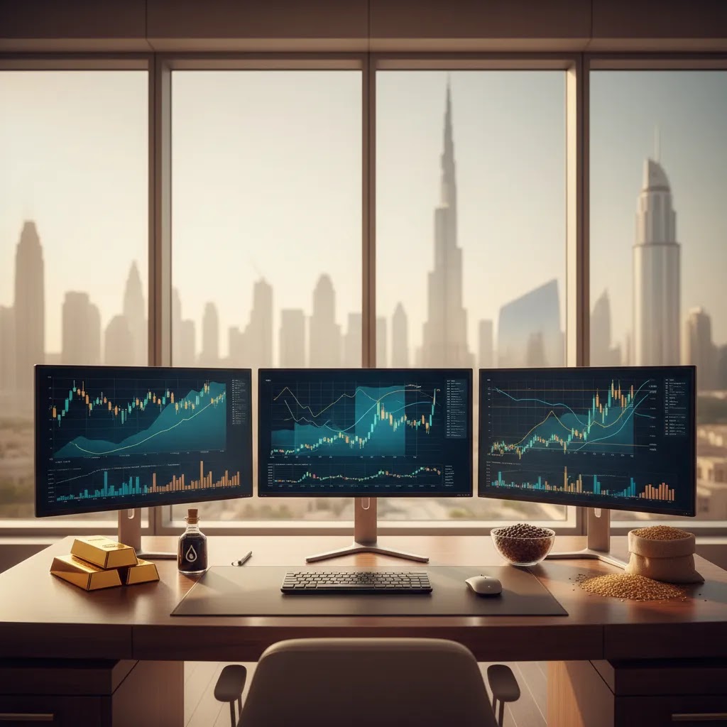 Commodities trading in the UAE with gold oil and agricultural markets on a professional trading desk