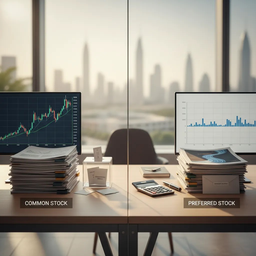 Common stock vs preferred stock comparison with financial documents and investment tools in a professional setting