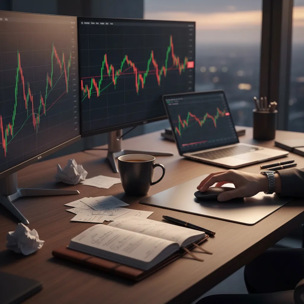 Common trading mistakes shown through an overtrading desk setup with multiple charts and poor structure