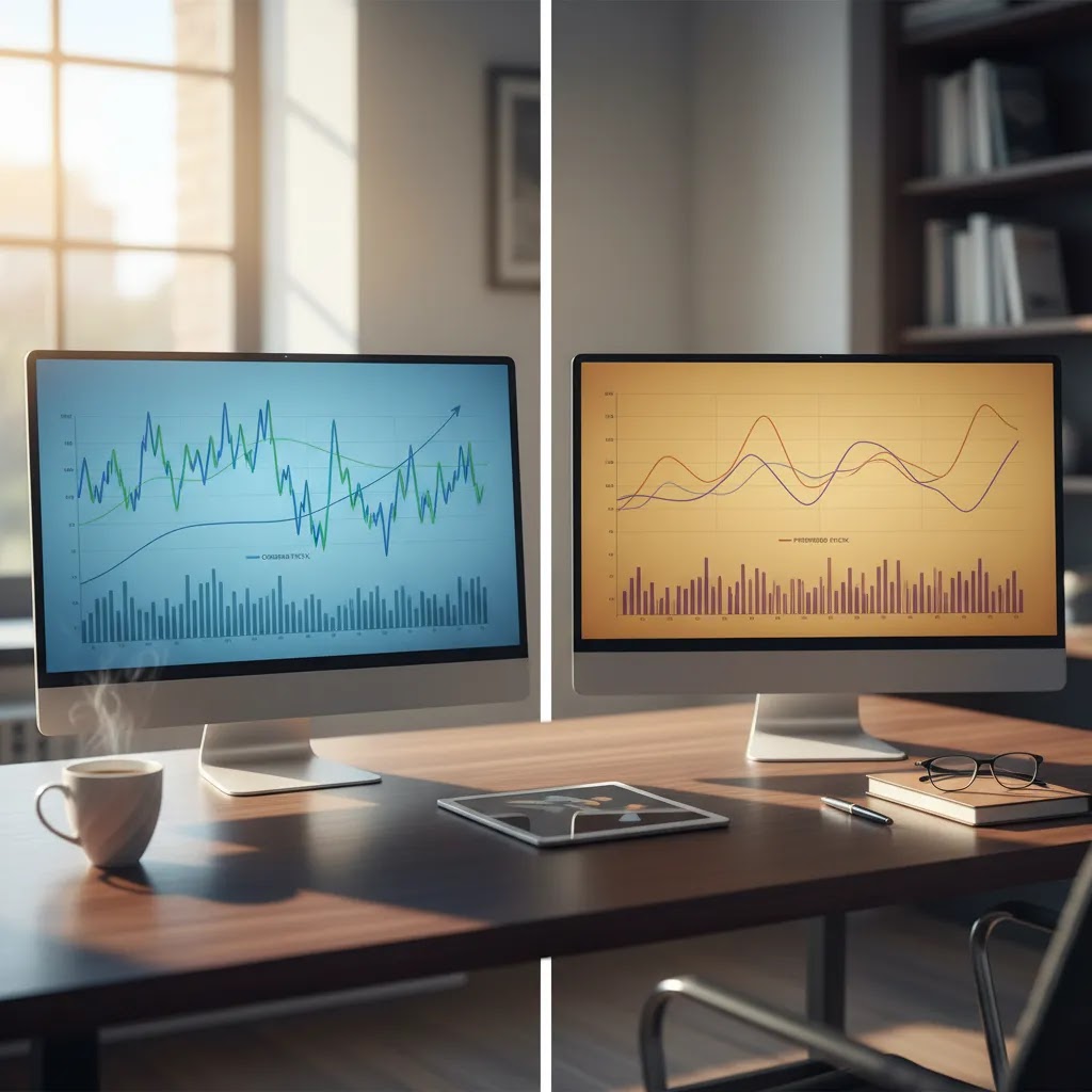 Common vs preferred stock pricing and risk comparison with contrasting market chart visuals in a professional office