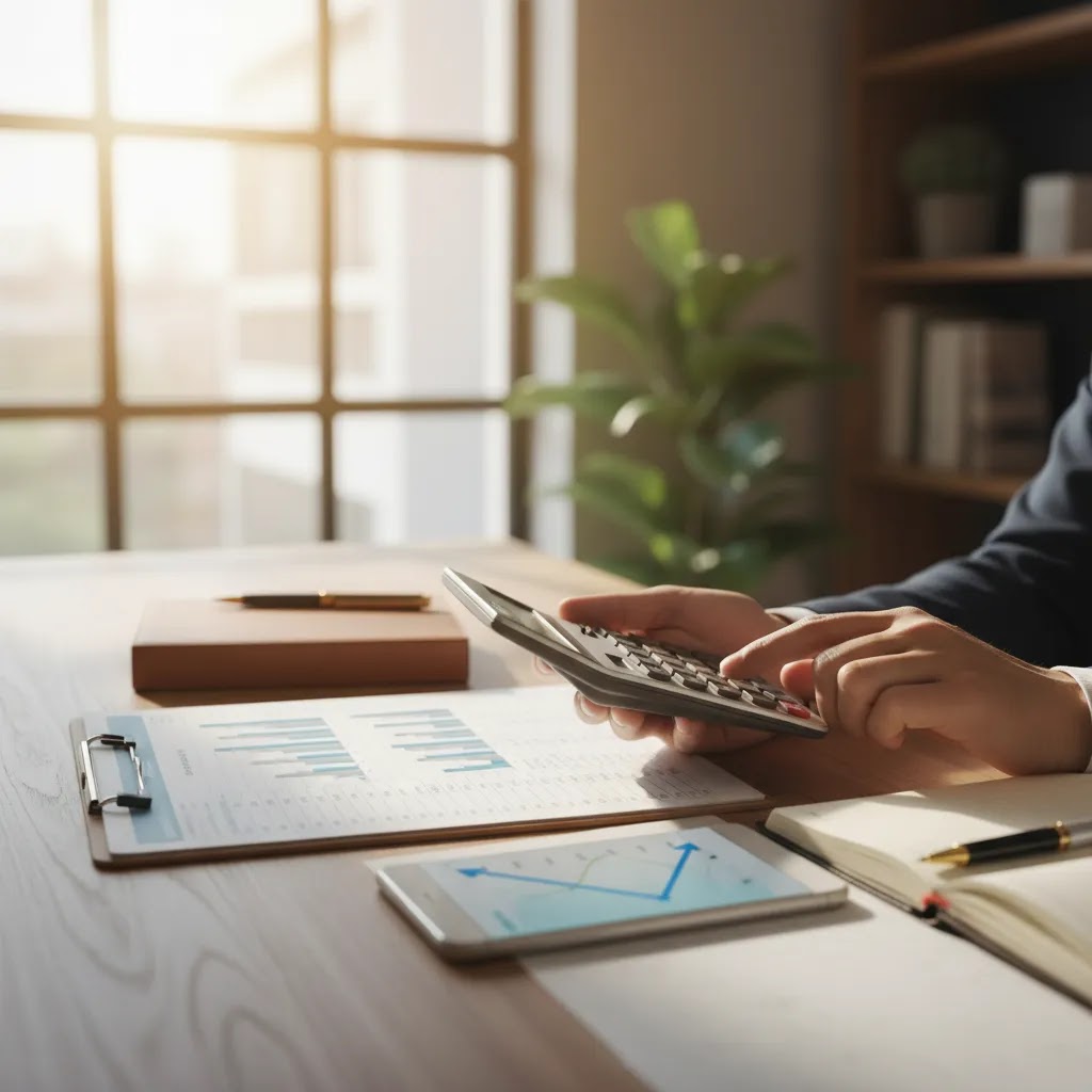 Compound interest calculator and formula concept with calculator spreadsheet and financial planning tools