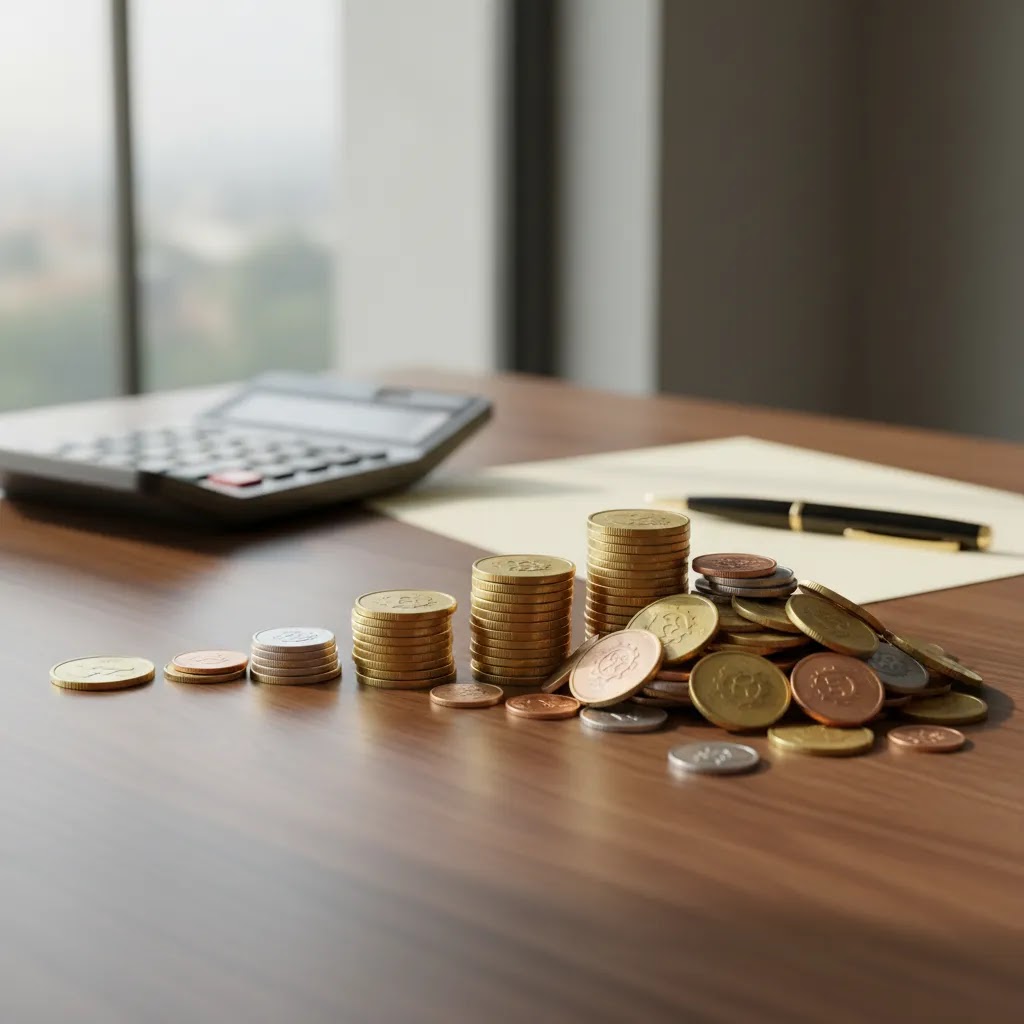 Compound interest explained for beginners with increasing coin stacks and calculator