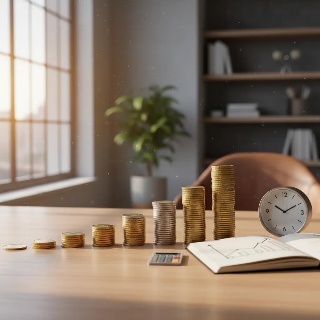 Compound interest concept showing growing savings over time with coins clock and calculator