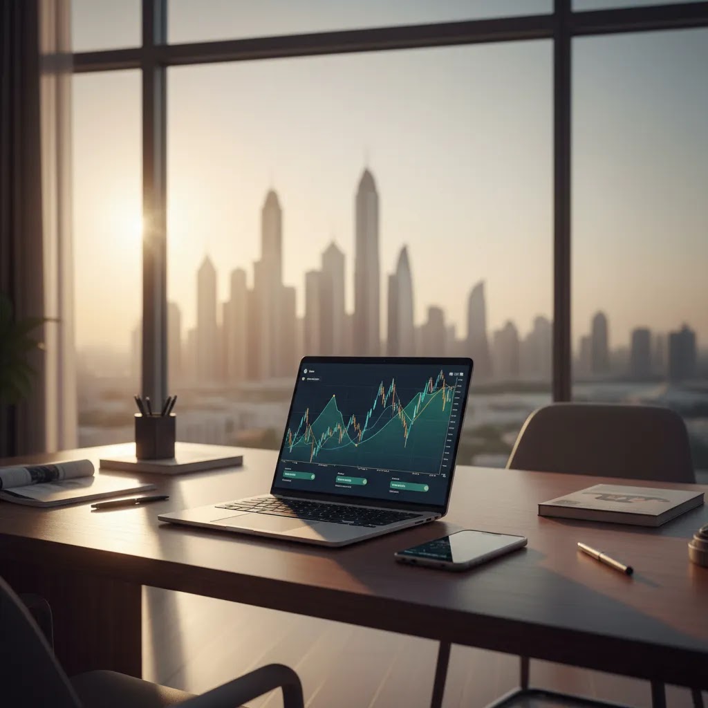 Copy trading concept for UAE traders with mirrored portfolio charts on a modern trading desk