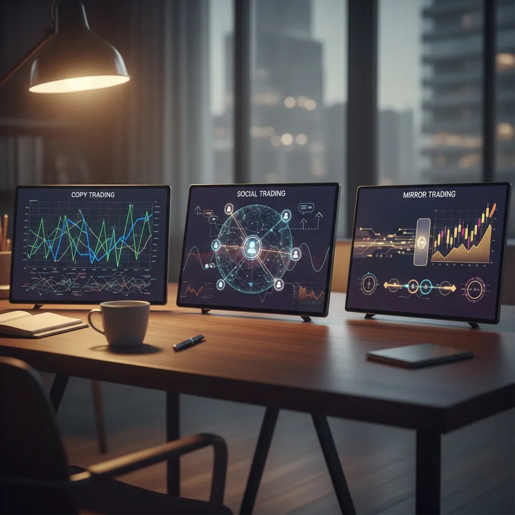 Copy trading vs social trading vs mirror trading shown through professional trading platform visuals