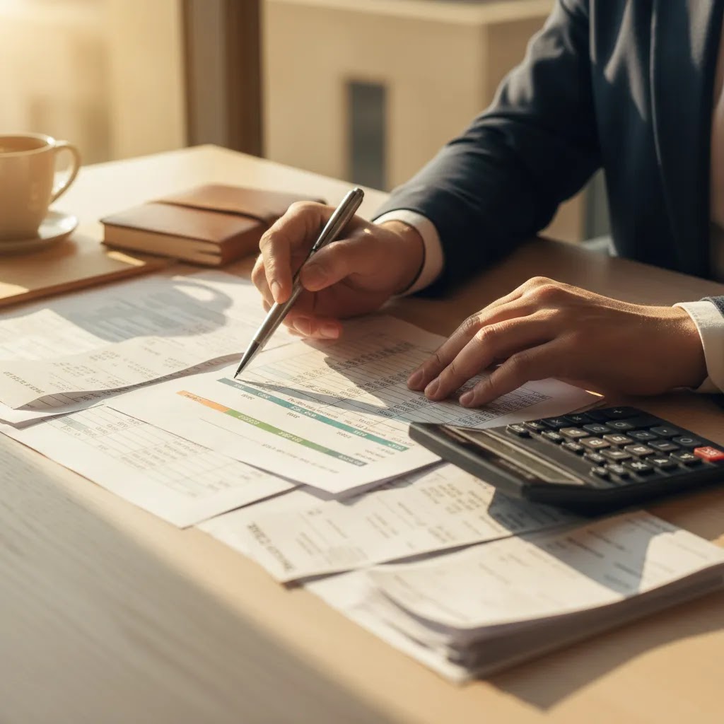 Corporate tax calculation UAE scene with bookkeeping records, receipts, and calculator on office desk