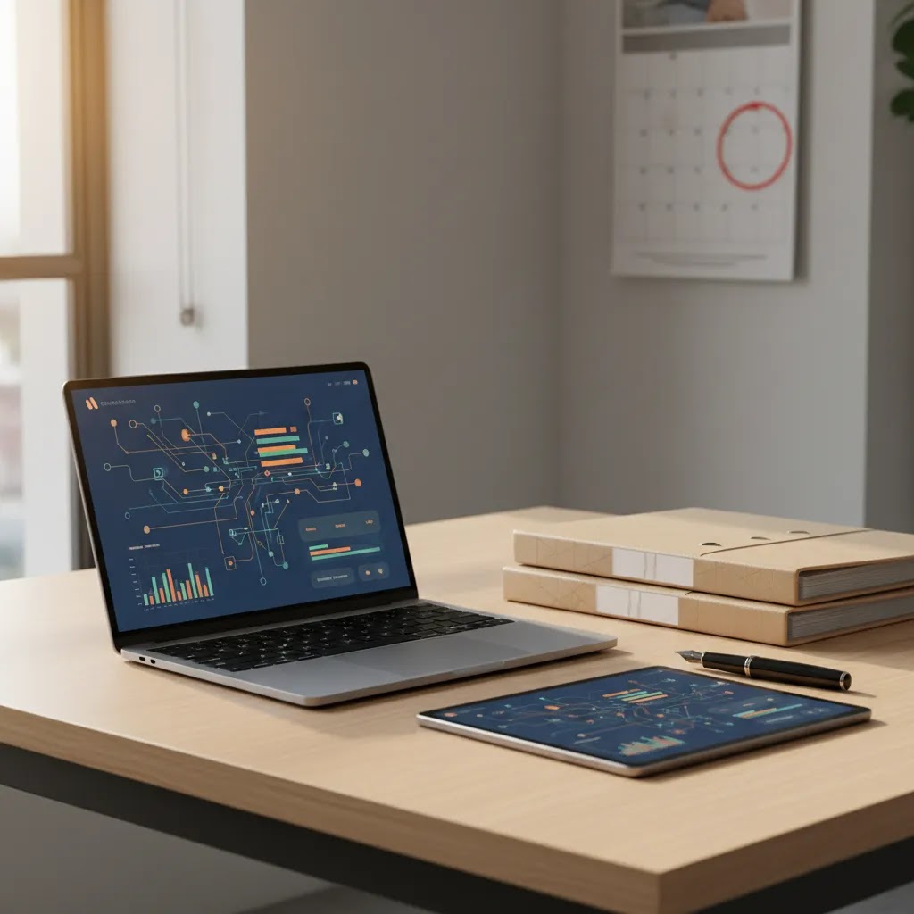 Corporate tax registration UAE and filing workflow shown on digital devices in office setting