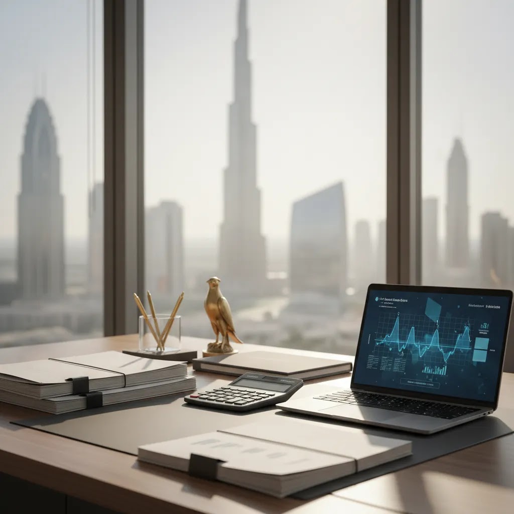 Corporate tax UAE concept with business desk, financial documents, and Dubai office setting