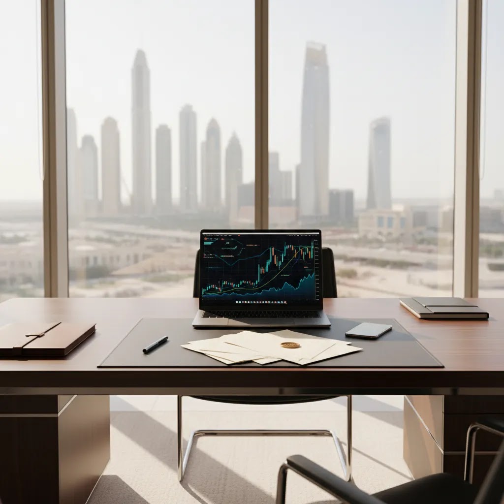 crypto otc dubai concept showing a private high-value digital asset trading setup in a modern Dubai office