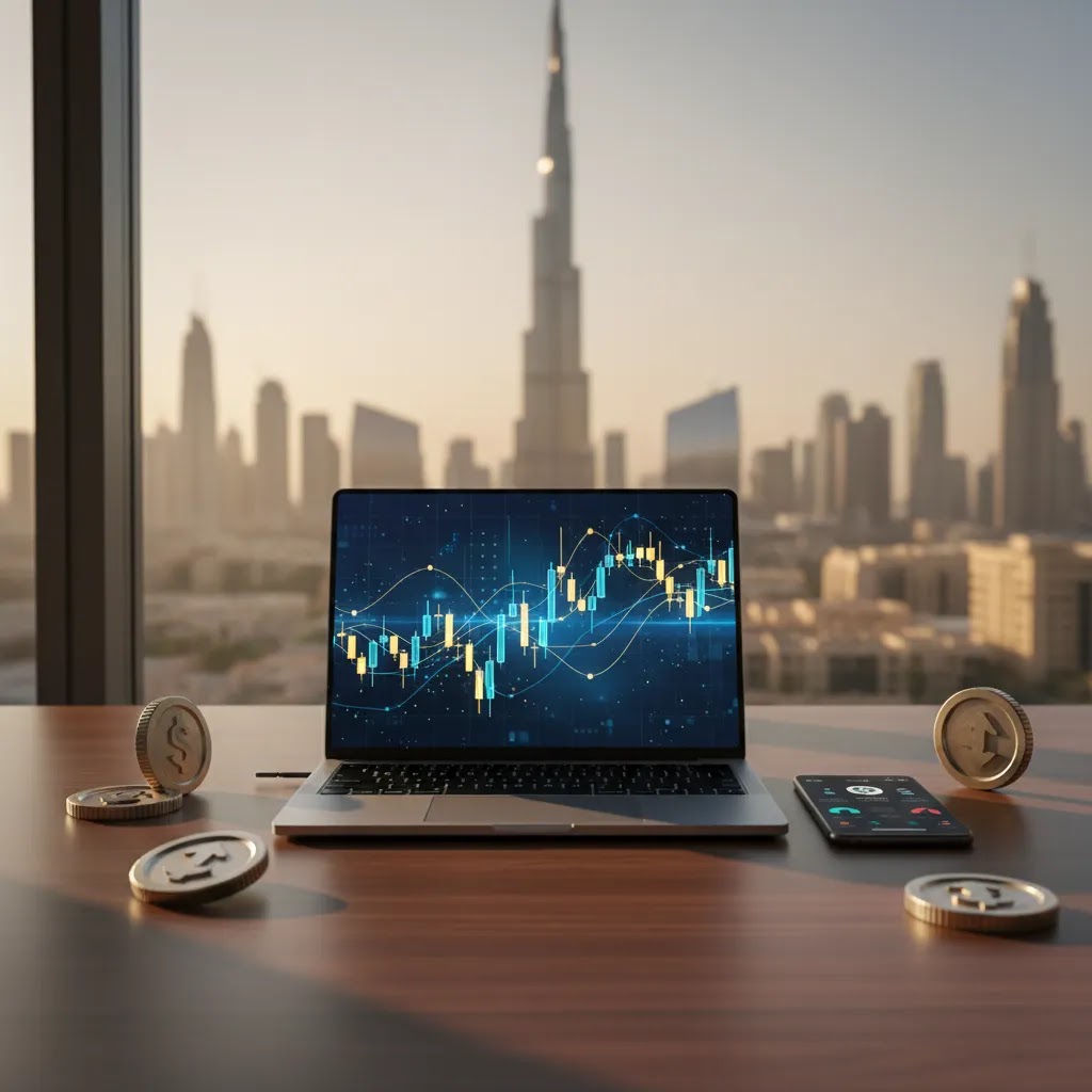 Crypto trading UAE guide hero image with trading screen and Dubai skyline