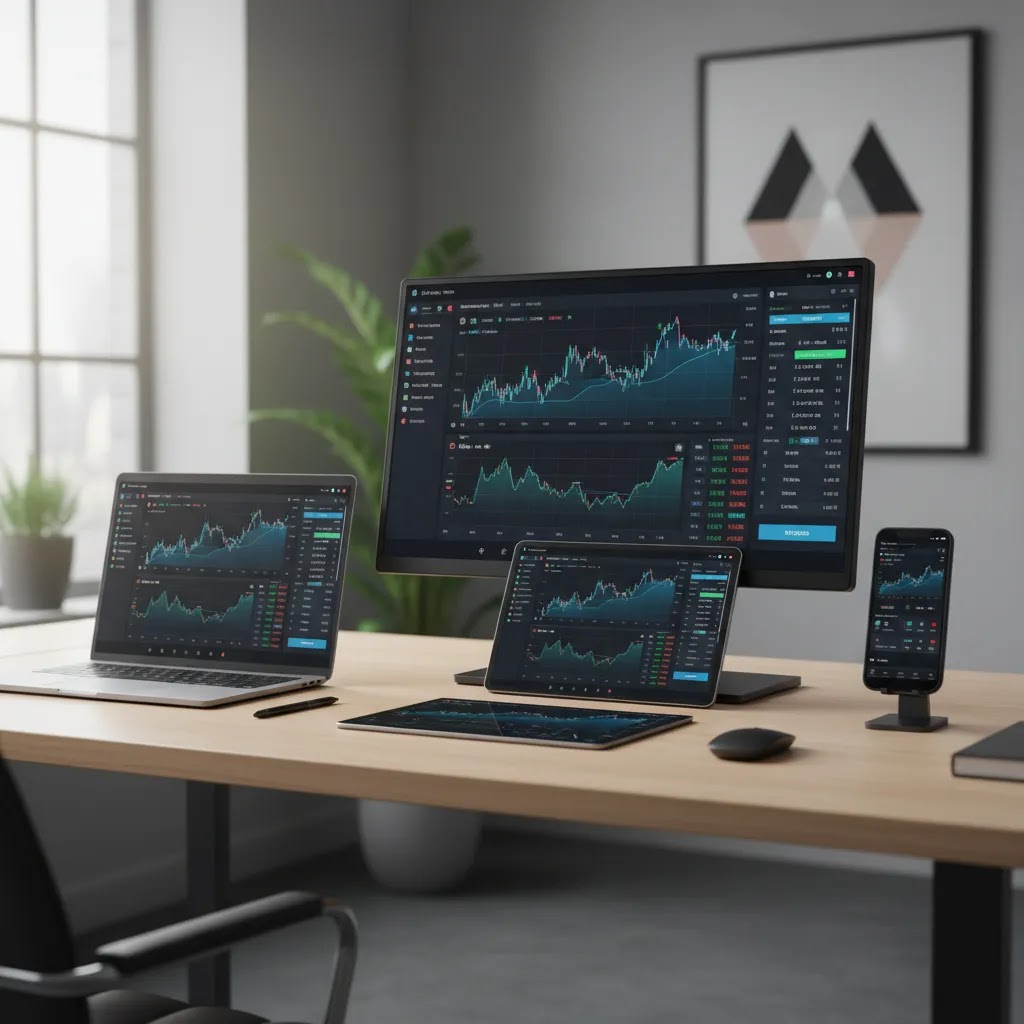 cTrader web and desktop access shown across laptop monitor tablet and smartphone for flexible trading