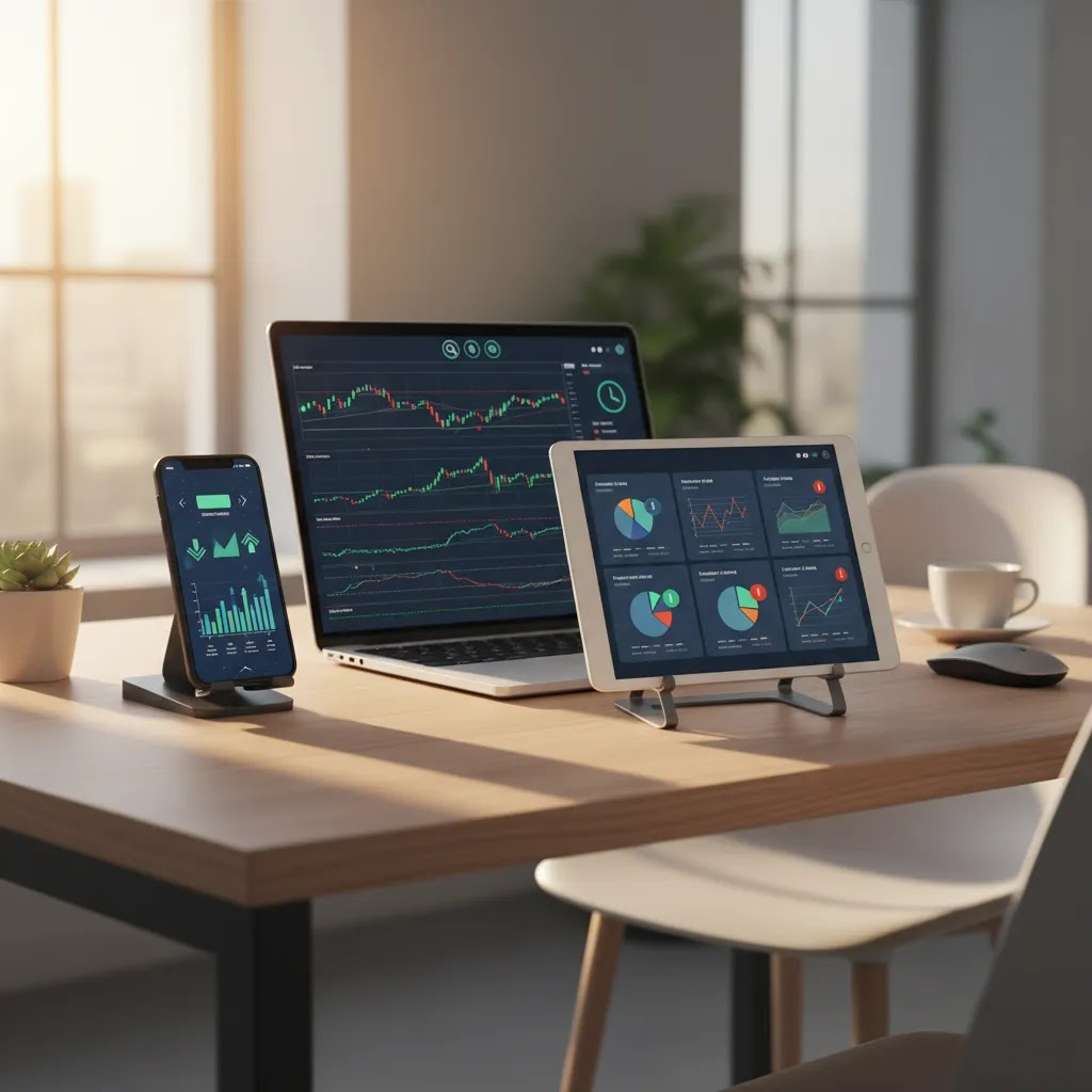 Daily stock watchlist routine across trading app devices with organized monitoring workflow