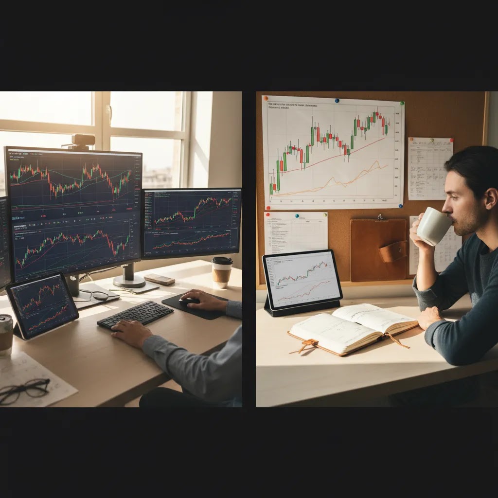 Day trading vs swing trading comparison with trading charts and analysis workspace